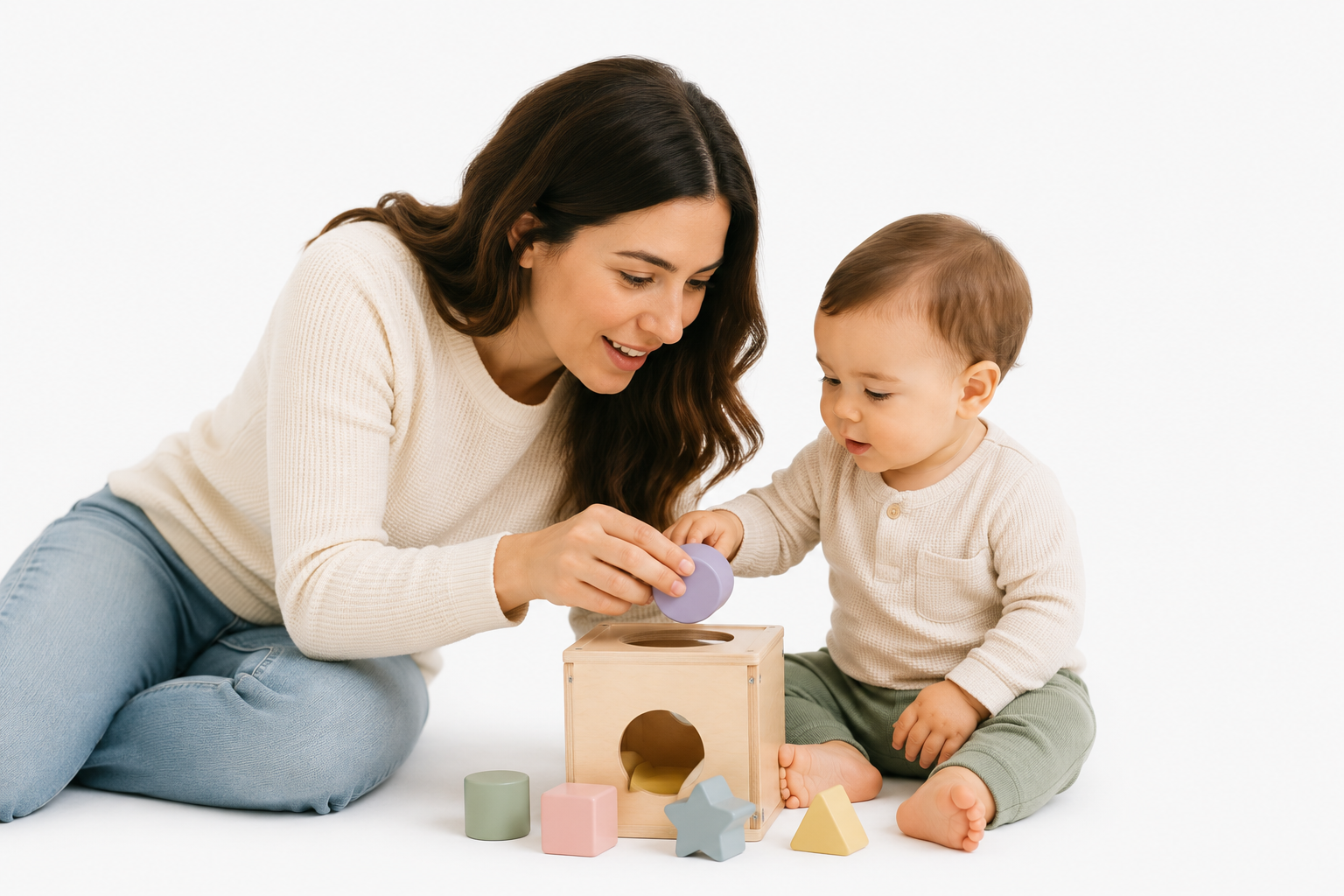 Parent and toddler playing with shape-sorting toys together